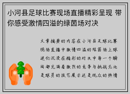 小河县足球比赛现场直播精彩呈现 带你感受激情四溢的绿茵场对决